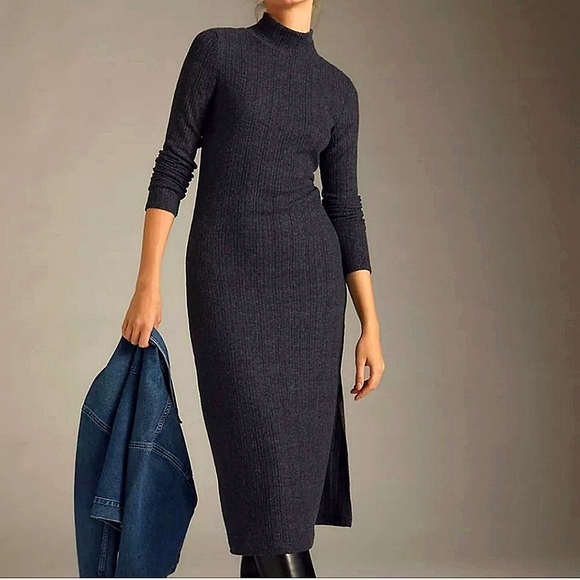 Anthropologie Daily Practice Fall Turtleneck Side-Slit Midi Dress long sleeves 4 - Picture 1 of 10